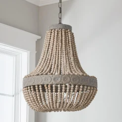 Aged Wood Beaded Chandelier - 3 Light