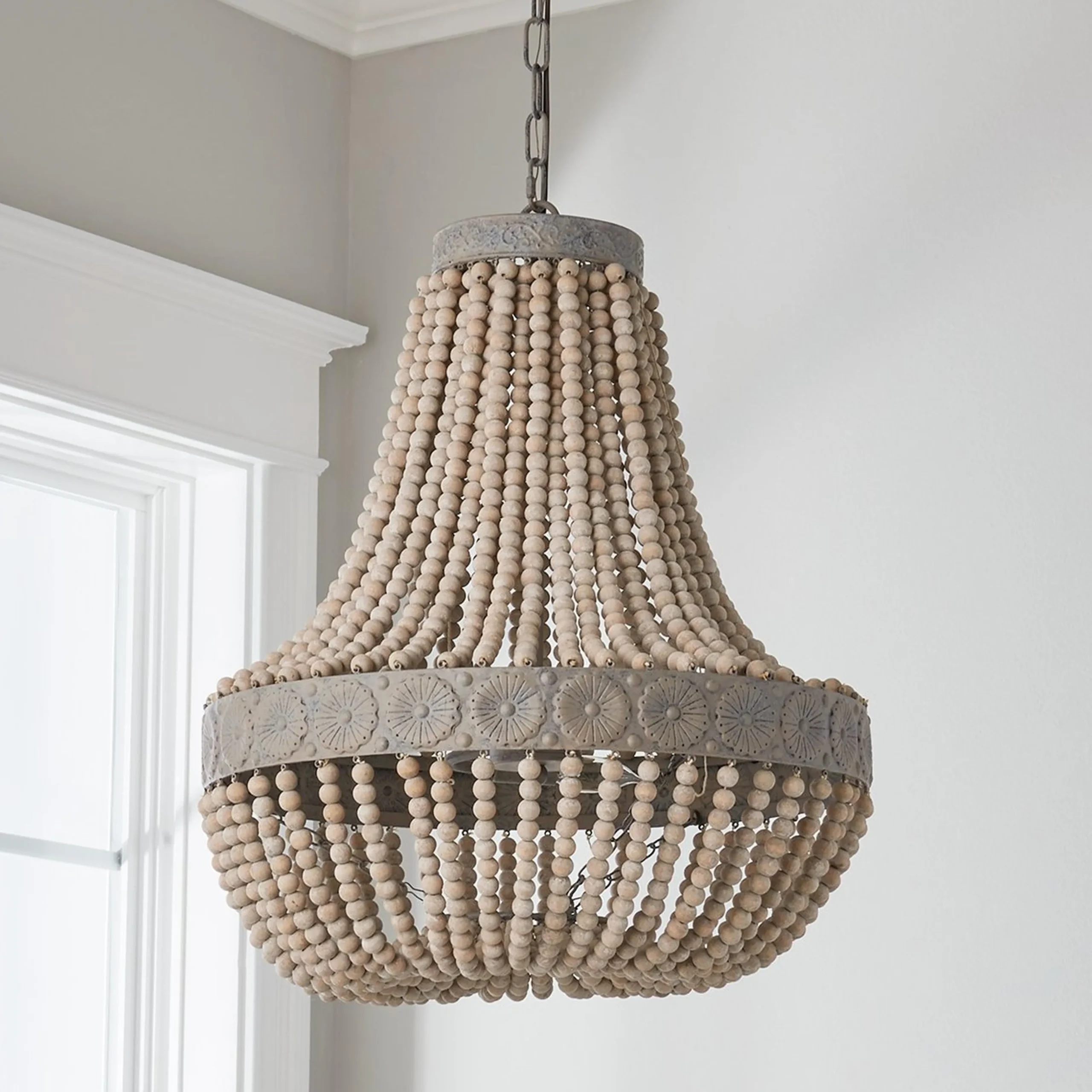 Aged Wood Beaded Chandelier - 3 Light