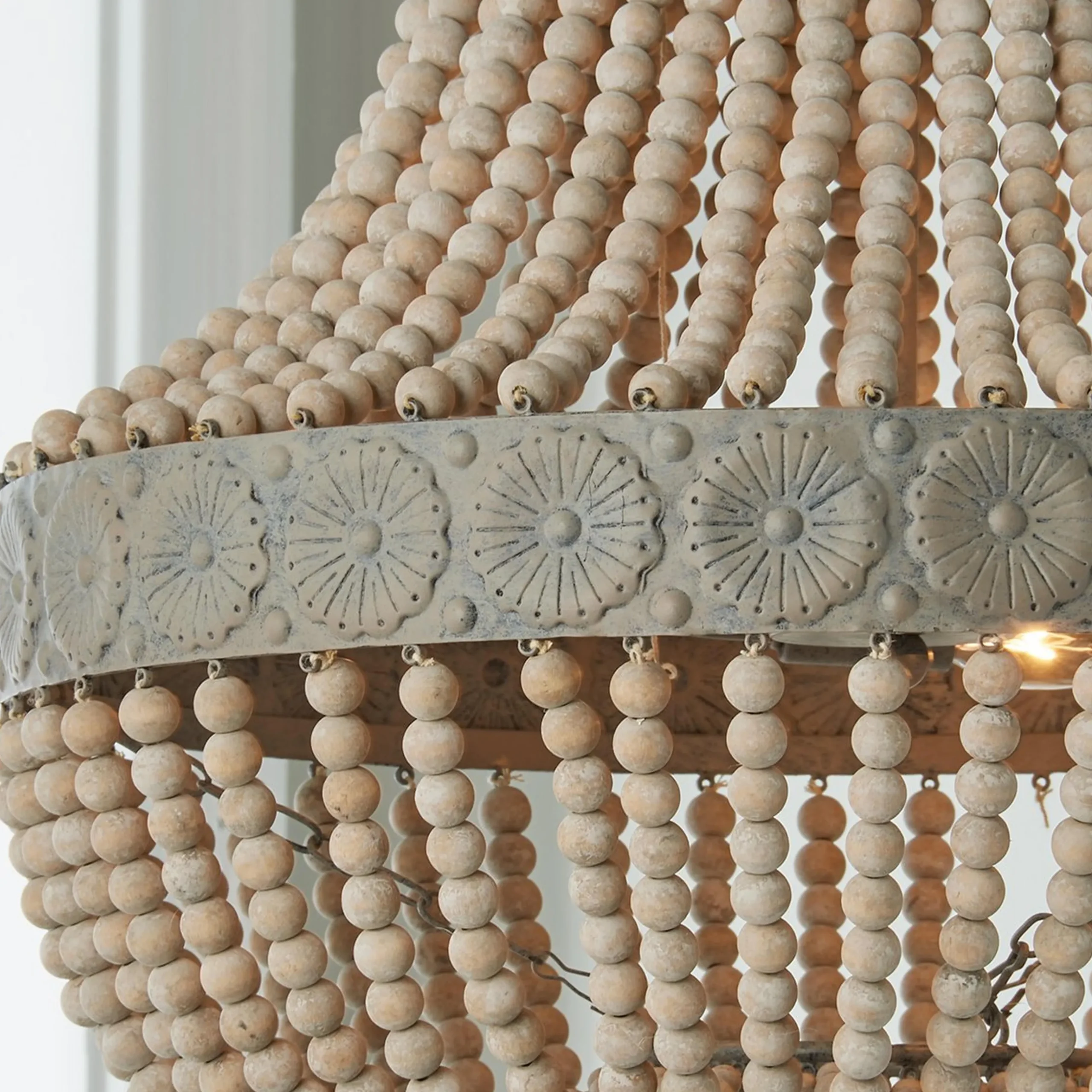 Aged Wood Beaded Chandelier - 3 Light