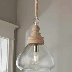Pickled Wood and Clear Glass Pendant - Bell Glass