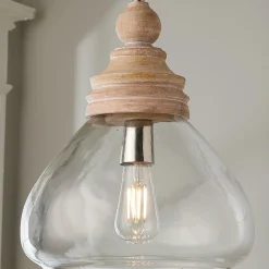 Pickled Wood and Clear Glass Pendant - Bell Glass